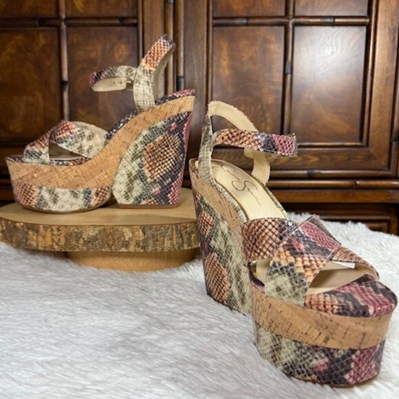 Jessica Simpson Jirie Mauve Combo Copper Snake Faux Leather Cork Wedge Sandal - Picture 1 of 15
